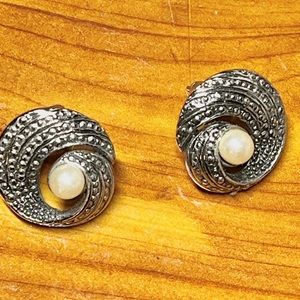 Silvertone Round Swirl Textured Pierced Earrings with Faux Pearl Centers Posts